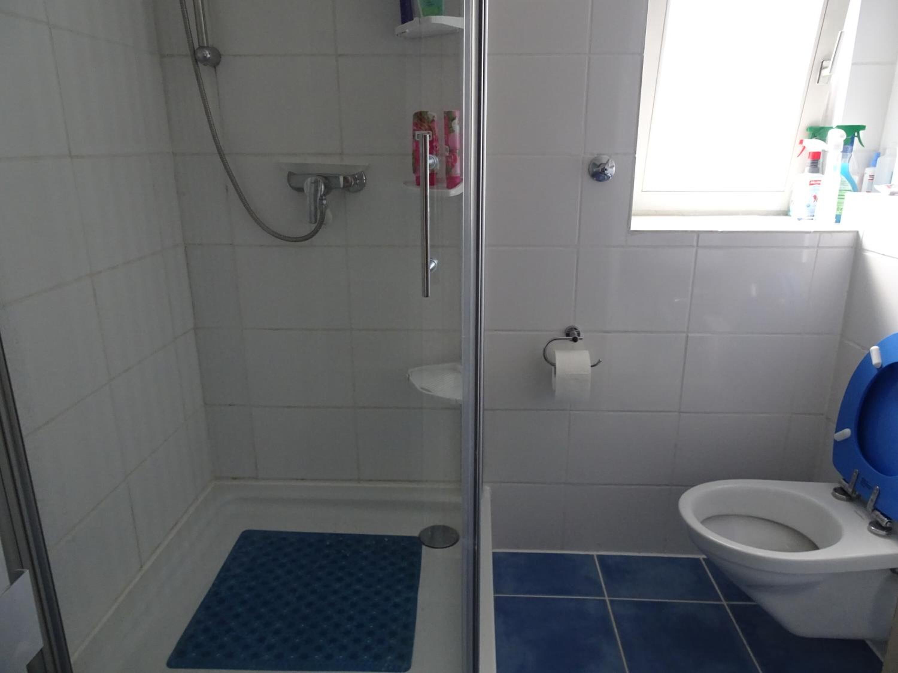Kylpyhuone, jossa on suihku, wc ja pieni ikkuna.