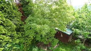 A wooden shed surrounded by dense green foliage. - Haus Fermate (Wilhelmsfeld)