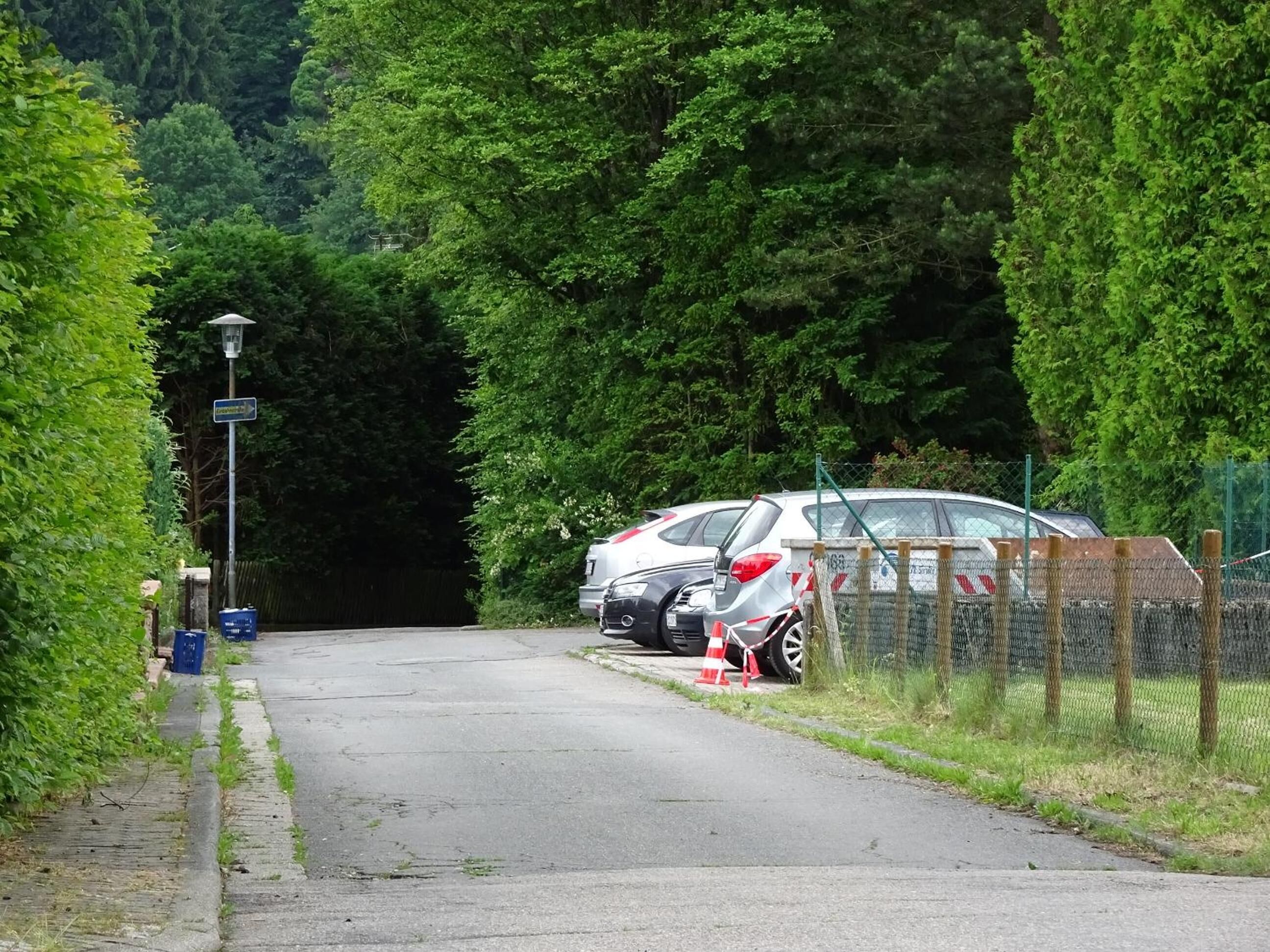 Ein Parkplatz mit Autos, einer Straßenlaterne und einem Zaun.