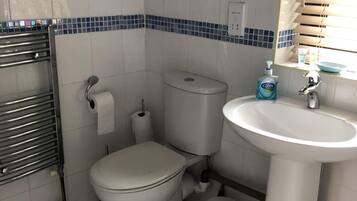 Une salle de bain avec des toilettes, un lavabo et un miroir.