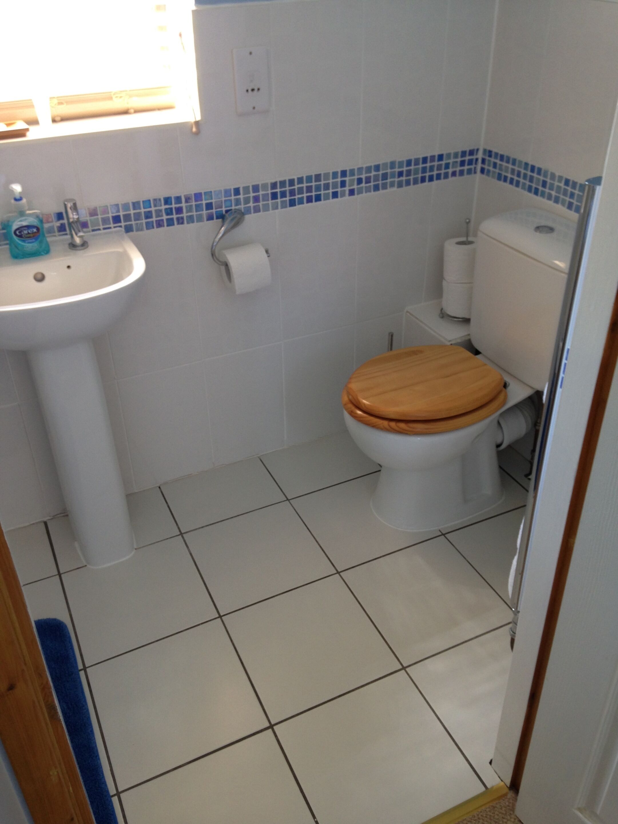 Une salle de bain avec un lavabo, des toilettes et un mur recouvert de carreaux bleus derrière le lavabo.