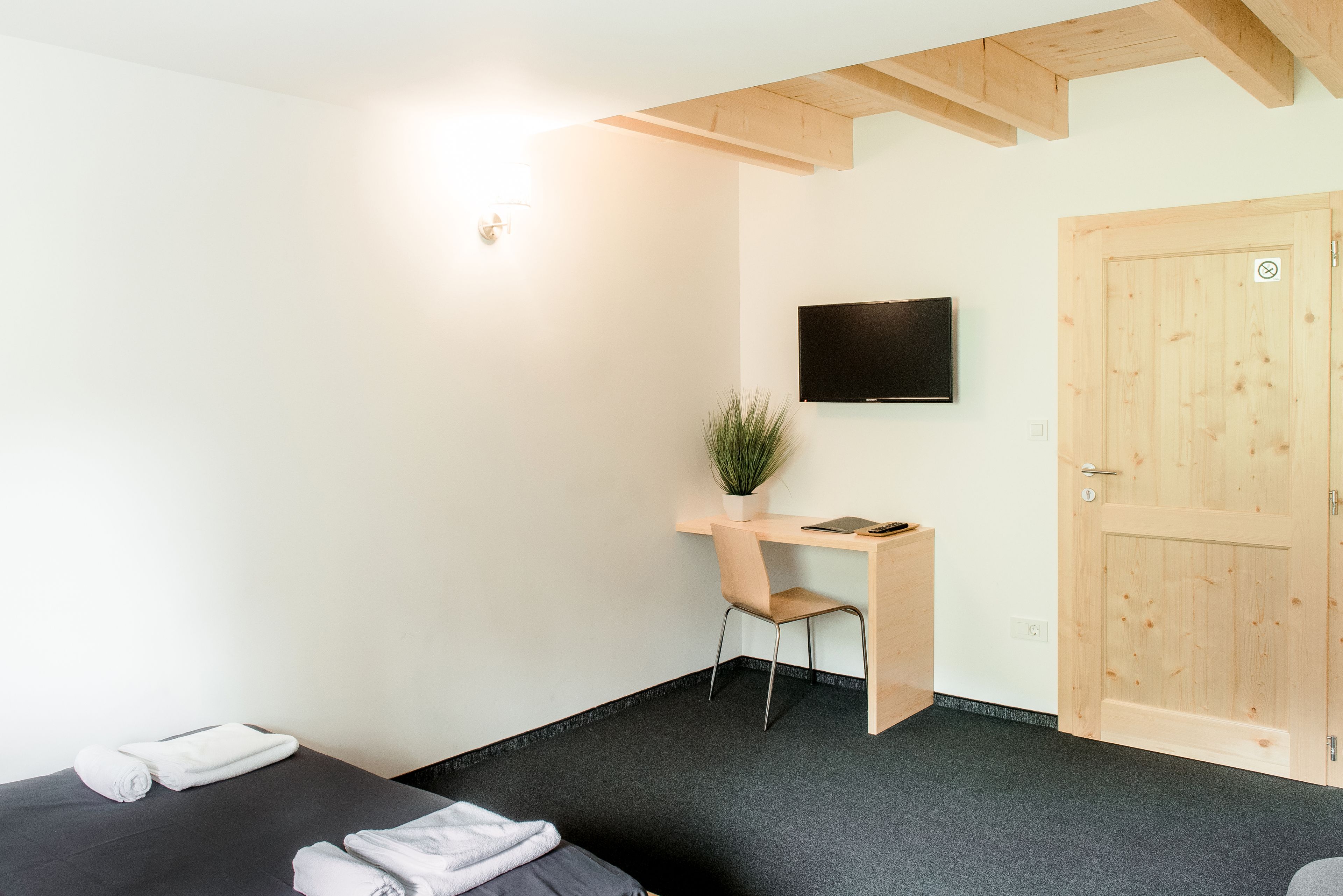 Ein Zimmer mit einem Bett, einem Schreibtisch mit Stuhl, einer Zimmerpflanze, einem Fernseher und einer Holztür.