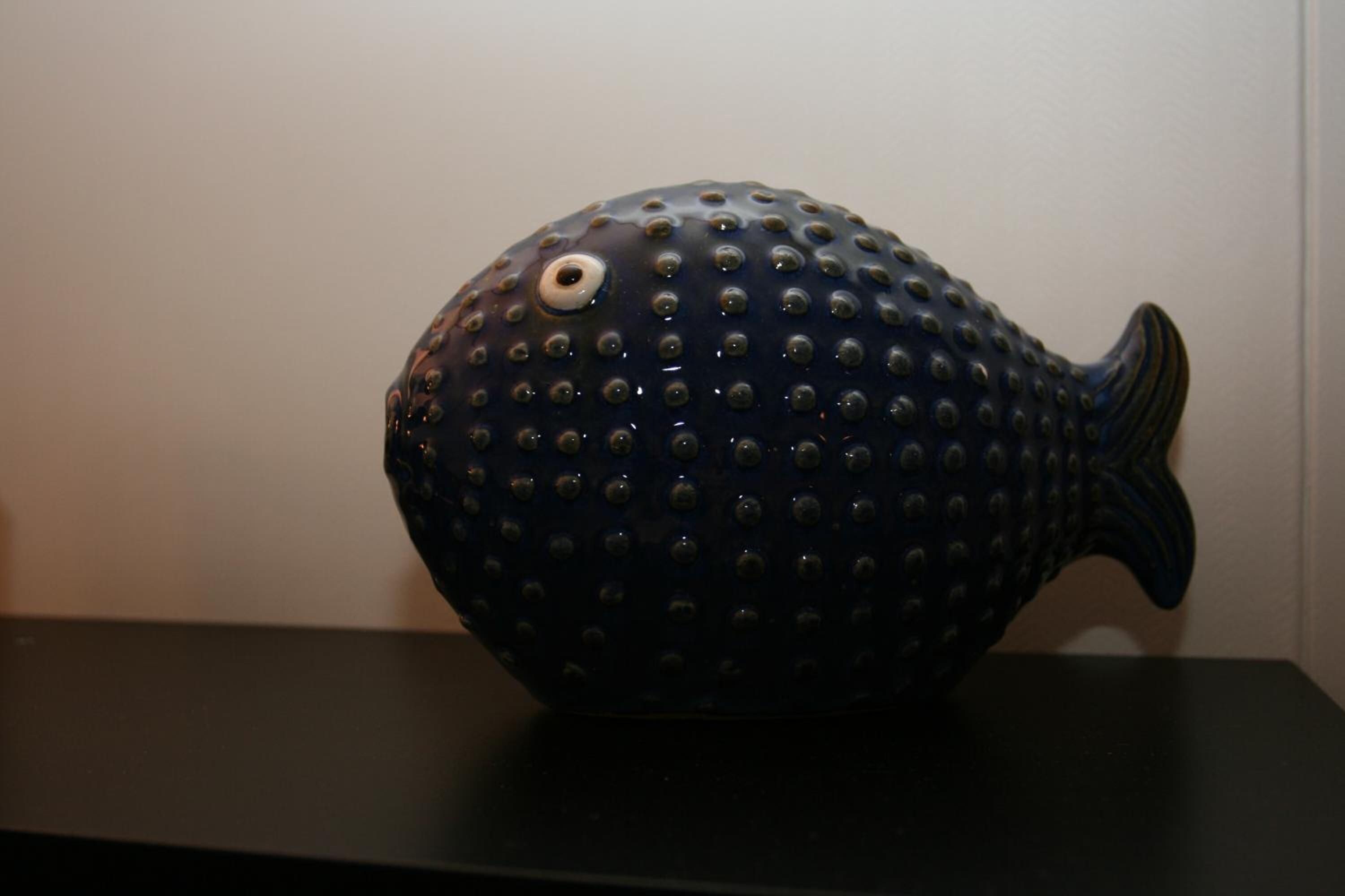 Un objeto azul oscuro en forma de pez, con un ojo blanco y múltiples pequeñas protuberancias sobre una superficie negra.