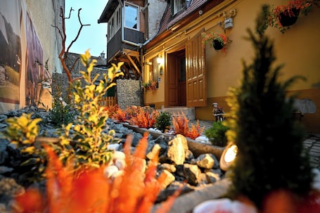 A courtyard with a stone pathway, a wooden bench, and a small fountain.