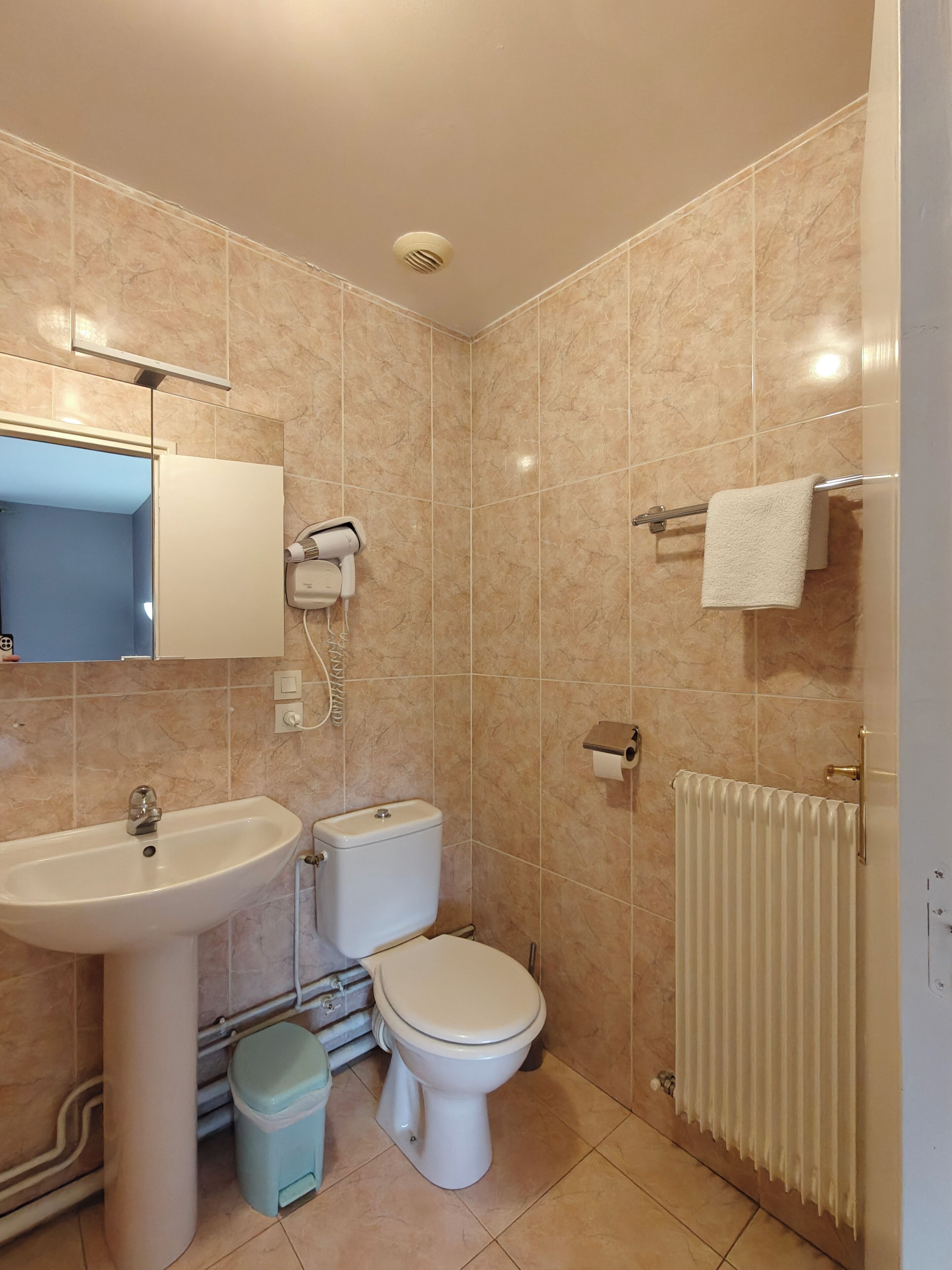 A bathroom with a sink, toilet, and a mirror.