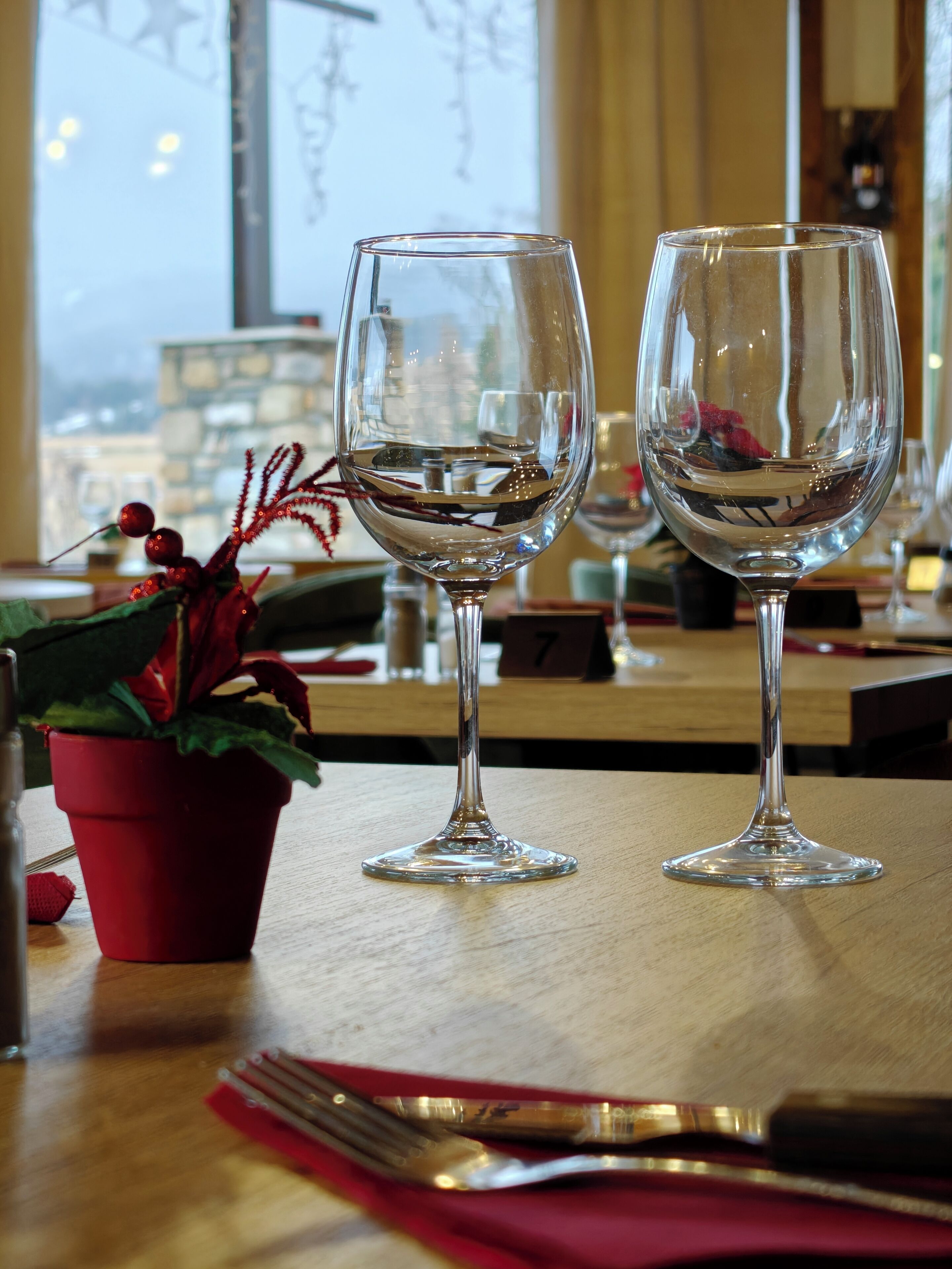 Two empty wine glasses on a wooden table with a red placemat, a potted plant, and a window in the background.