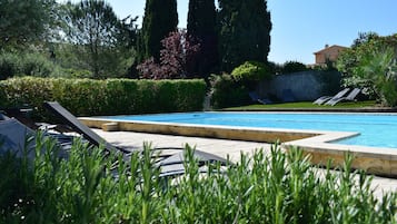 Seasonal outdoor pool, pool umbrellas, pool loungers