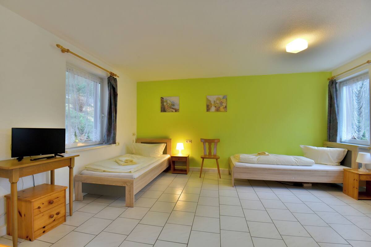 Een kamer met twee éénpersoonsbedden, een houten bureau met een televisie, een stoel en een klein tafeltje met een lamp.
