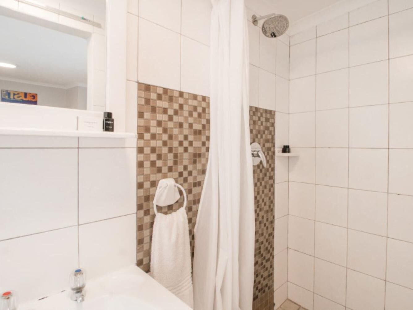 Une salle de bain avec une douche, un lavabo et un miroir.