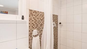 Une salle de bain avec une douche, un lavabo et un miroir.