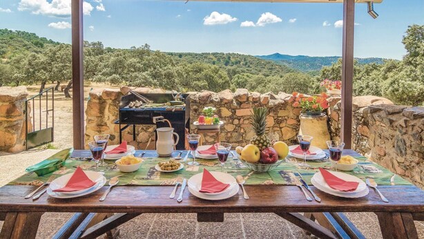 Un área de comedor al aire libre con una mesa dispuesta para una comida, una parrilla y vistas al campo.