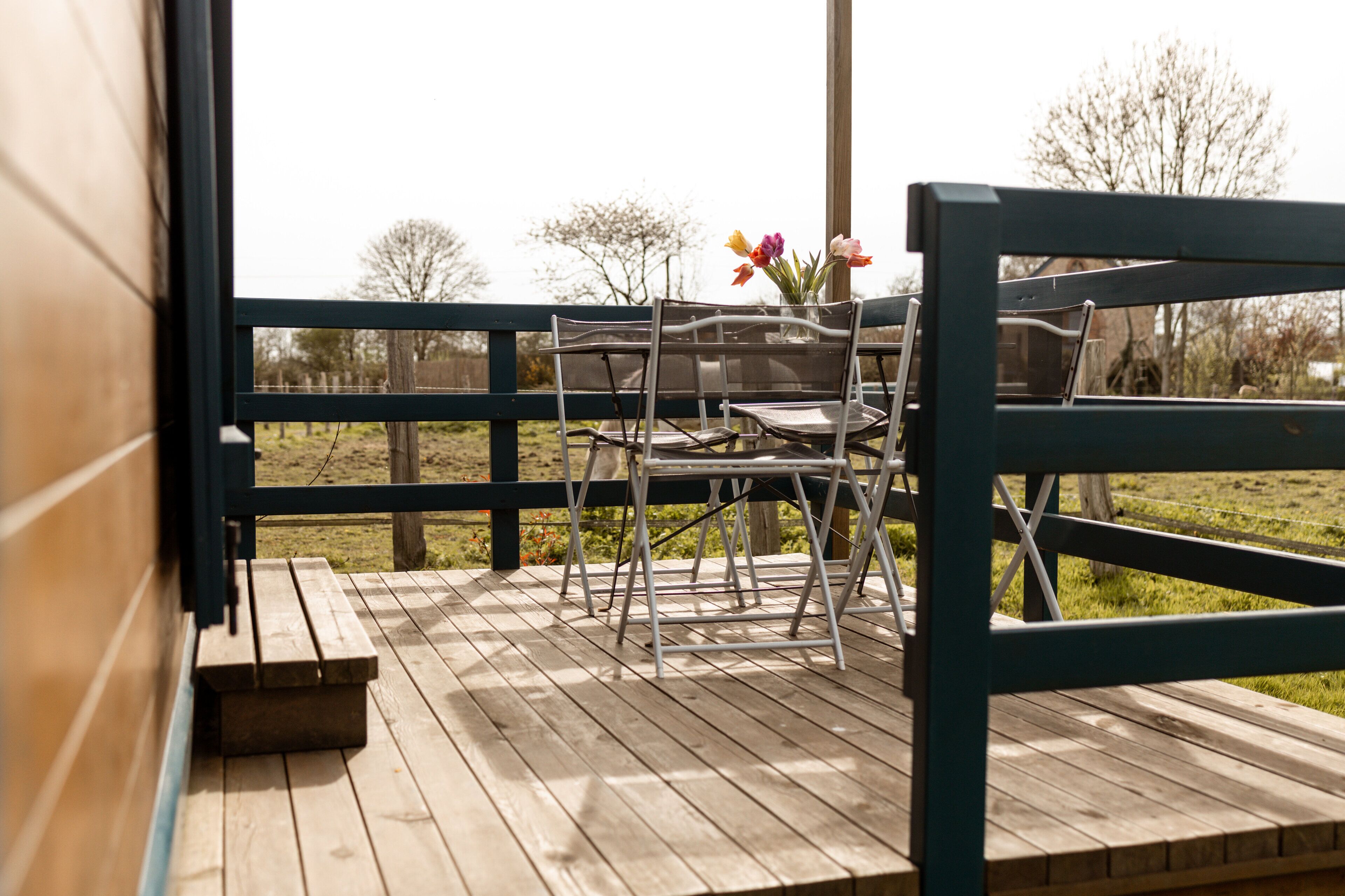 A wooden deck with a table and chairs, a vase with flowers, and a view of the surrounding landscape.