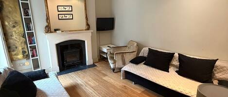 Un salon avec une cheminée, un canapé, un fauteuil et un téléviseur.