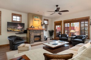 Televisie, een open haard, een dvd-speler en boeken