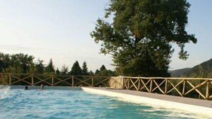 A swimming pool with a wooden deck and a tree in the background. - La Perticara (Acquasparta)