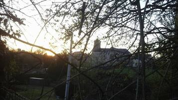 Un bâtiment à la façade en pierre et doté d’une cheminée, entouré d’arbres et d’une zone herbeuse.