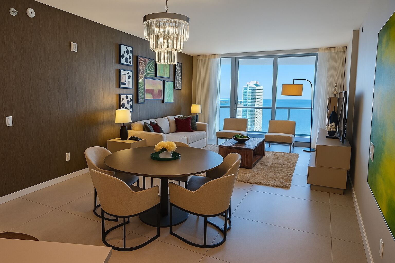 A modern living room with a dining area, large windows, and a view of the city.