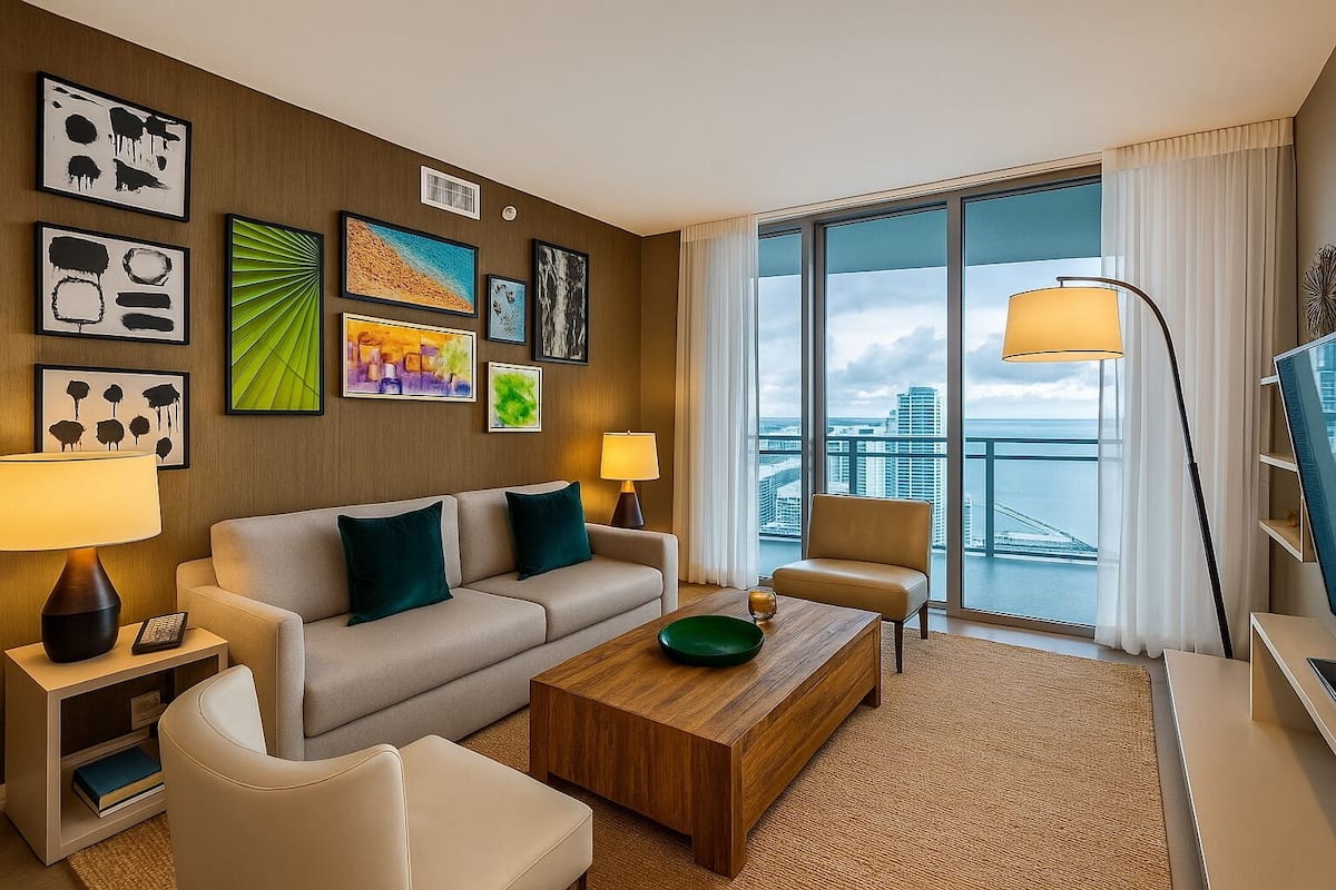 A modern hotel room with a sofa, armchair, coffee table, and artwork on the walls.