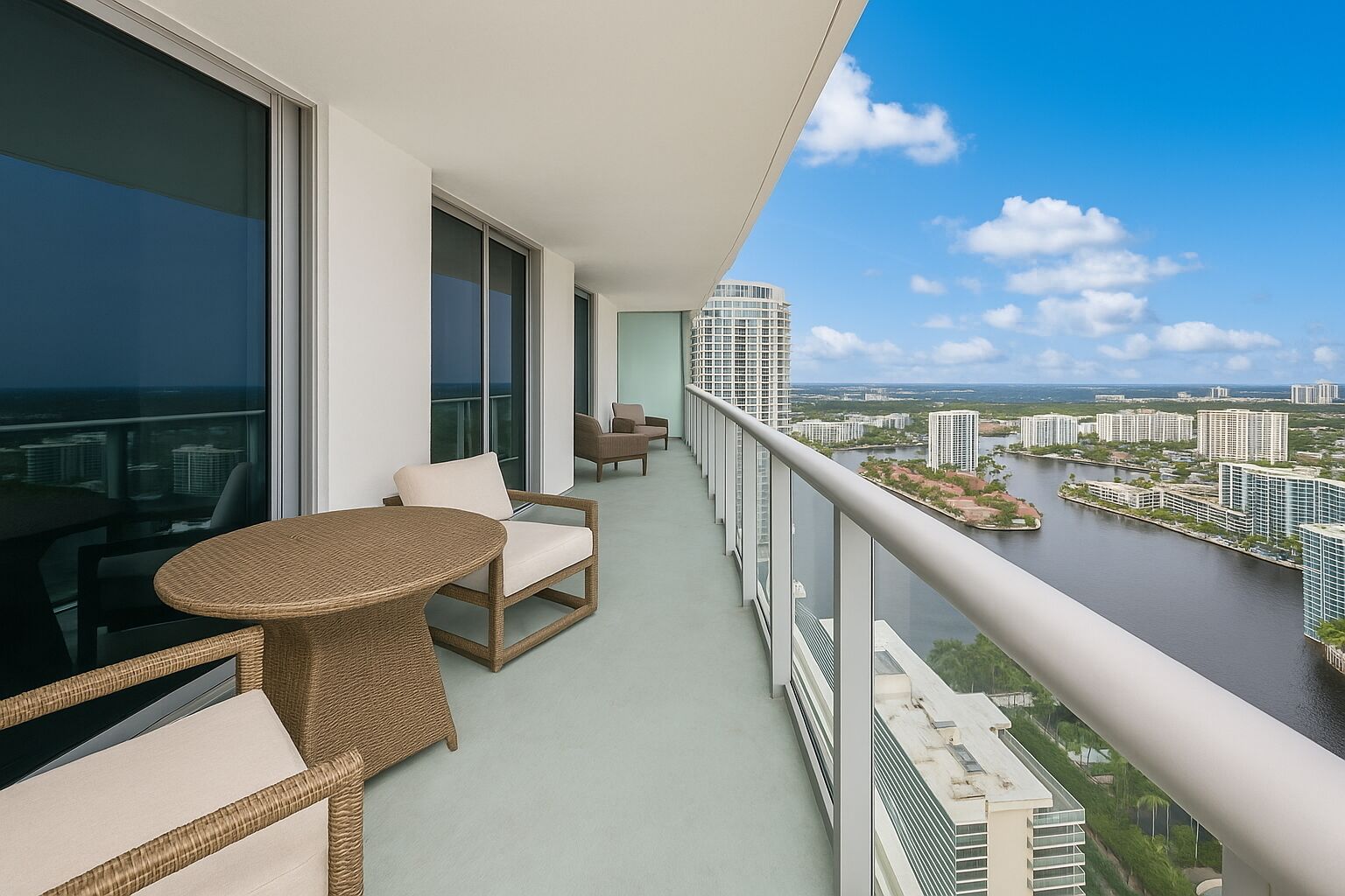 A balcony with wicker furniture, a view of a river, and high-rise buildings in the background.