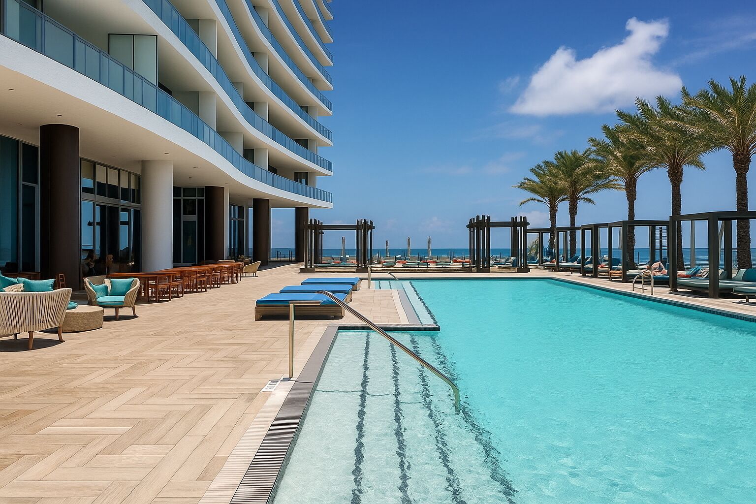 A resort pool with lounge chairs and a view of the ocean.