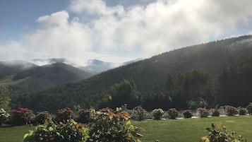A mountainous landscape with a clear sky and a well-maintained garden in the foreground.