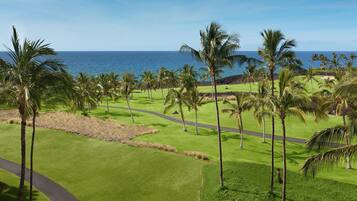 A golf course with a view of the ocean and palm trees.