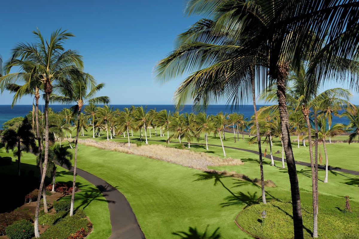Un parcours de golf offrant une vue dégagée sur l’océan, entouré de palmiers et doté d’une pelouse bien entretenue.