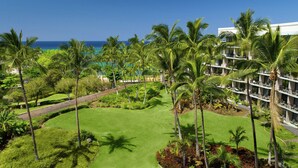 Un resort con un prato verdeggiante, palme e vista sull'oceano.