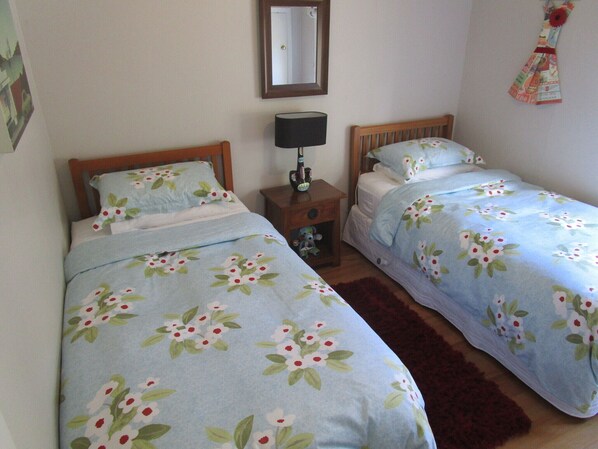 A bedroom with two single beds, a nightstand with a lamp, a mirror, and a floral-patterned rug.