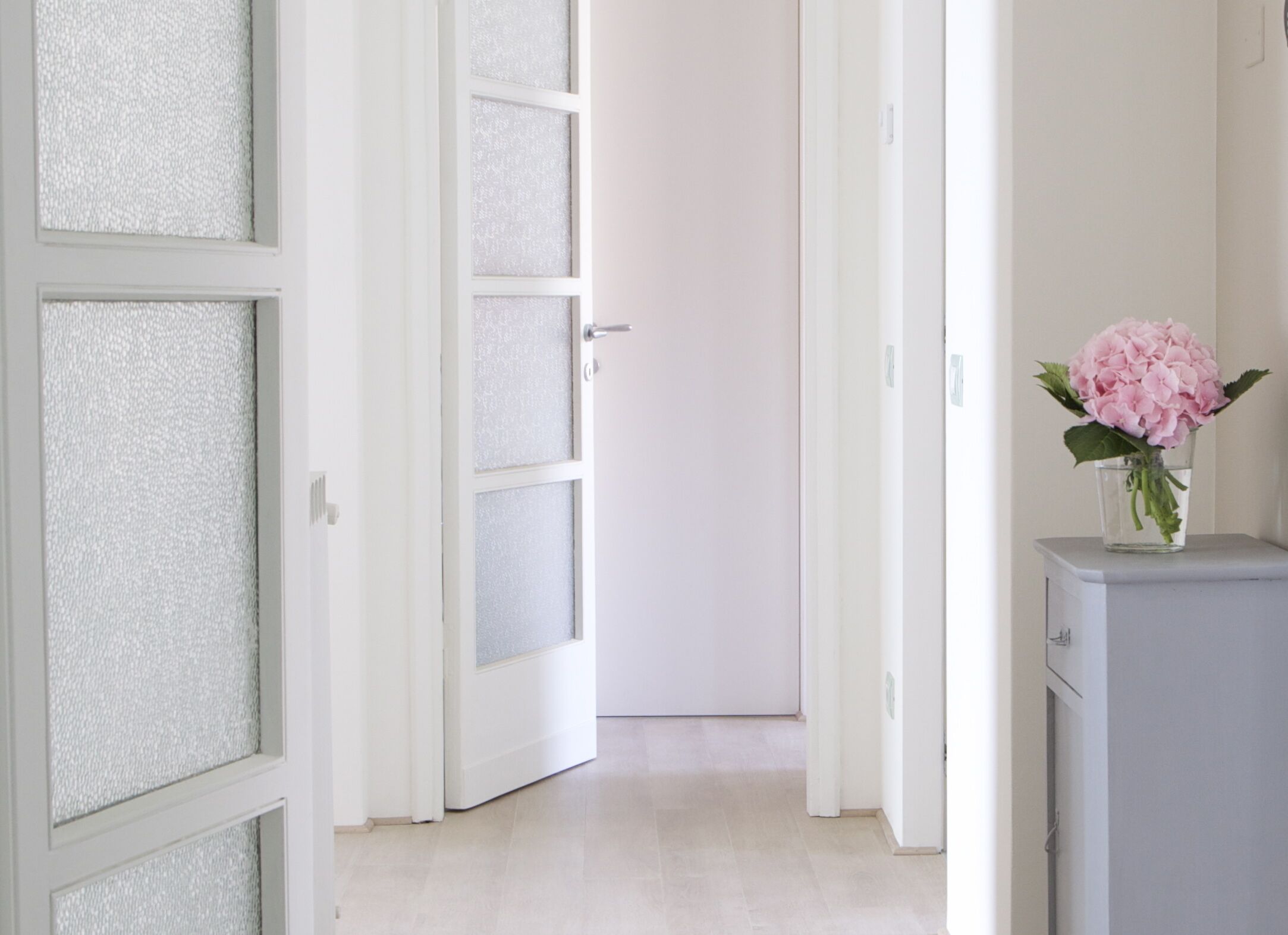 Ein Flur mit satinierten Glastüren, einer weißen Tür am Ende und einem kleinen Schrank mit einer rosa Blume.