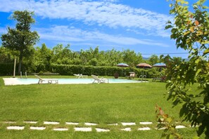 Un jardin avec une piscine, des chaises longues et des parasols.