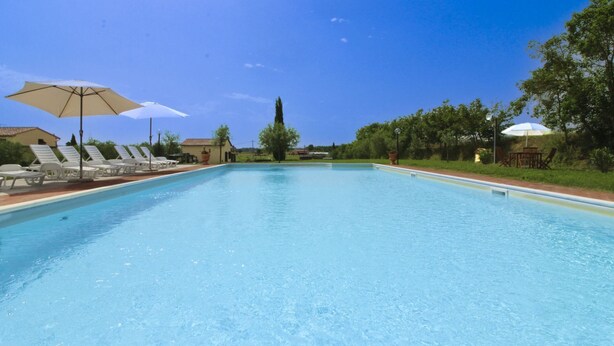 A clear blue swimming pool with lounge chairs and umbrellas, surrounded by greenery and buildings. - PODERE MARCIGLIANO - CORITO (Cortona)