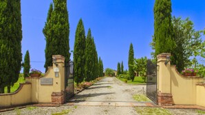 A pathway leading to a gated entrance with tall cypress trees on either side. - PODERE MARCIGLIANO - CORITO (Cortona)