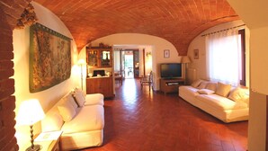 Una sala de estar con chimenea, televisor y sofá.