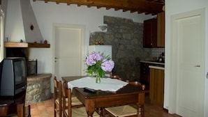 Un coin repas accueillant avec une table en bois, des chaises et un vase de fleurs. Un téléviseur est posé sur un meuble à gauche, et un mur de pierres est visible au fond.