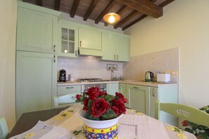 Een keuken met lichtgroene kastjes, een fornuis en een spoelbak. Er staat een tafel met een tafelkleed met bloemen en een vaas met rode bloemen.