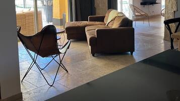 Télévision, cheminée, lecteur de DVD, baby-foot