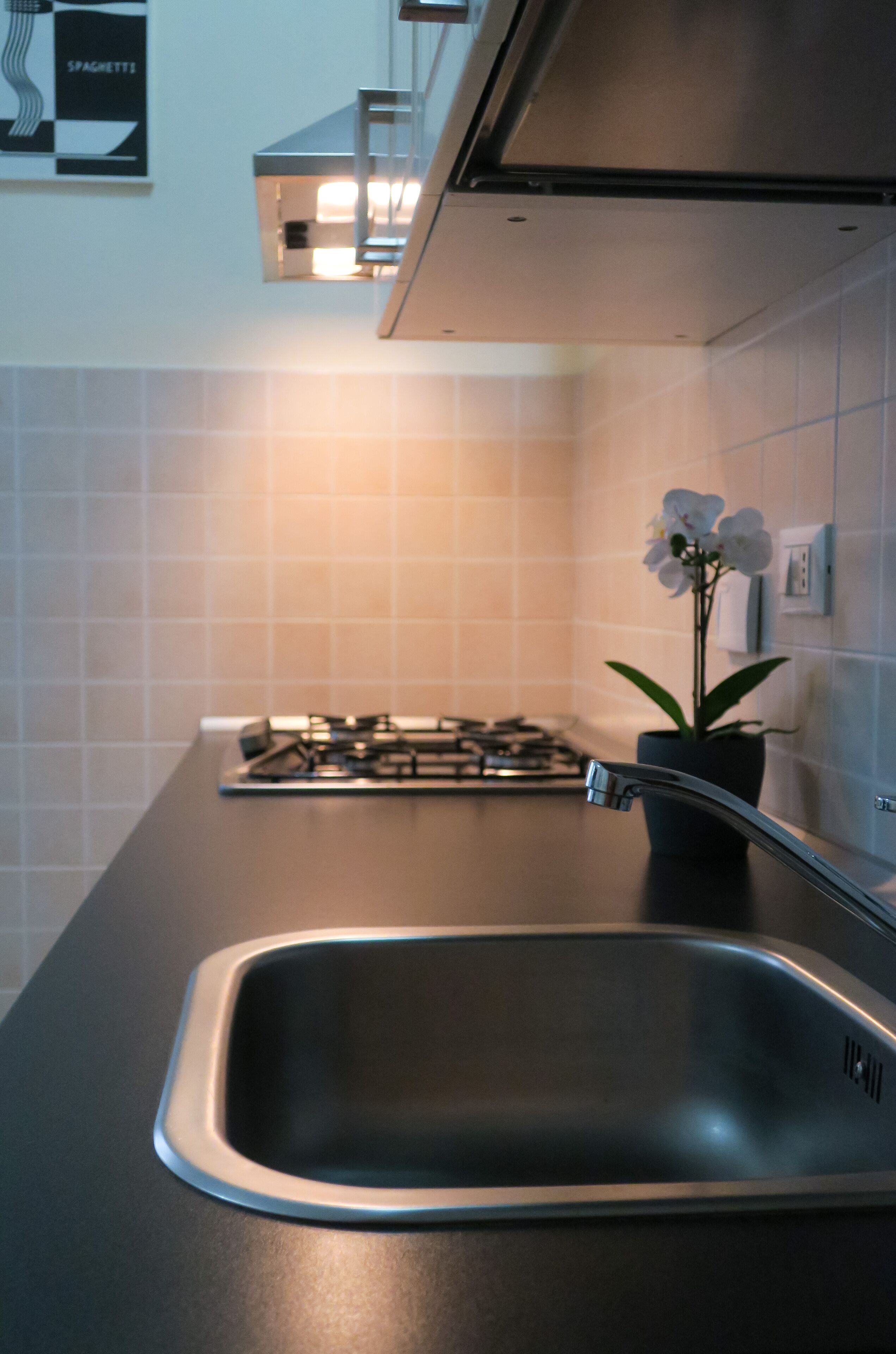 Kühlschrank, Mikrowelle, Herdplatte, Wasserkocher mit Kaffee-/Teezubehör