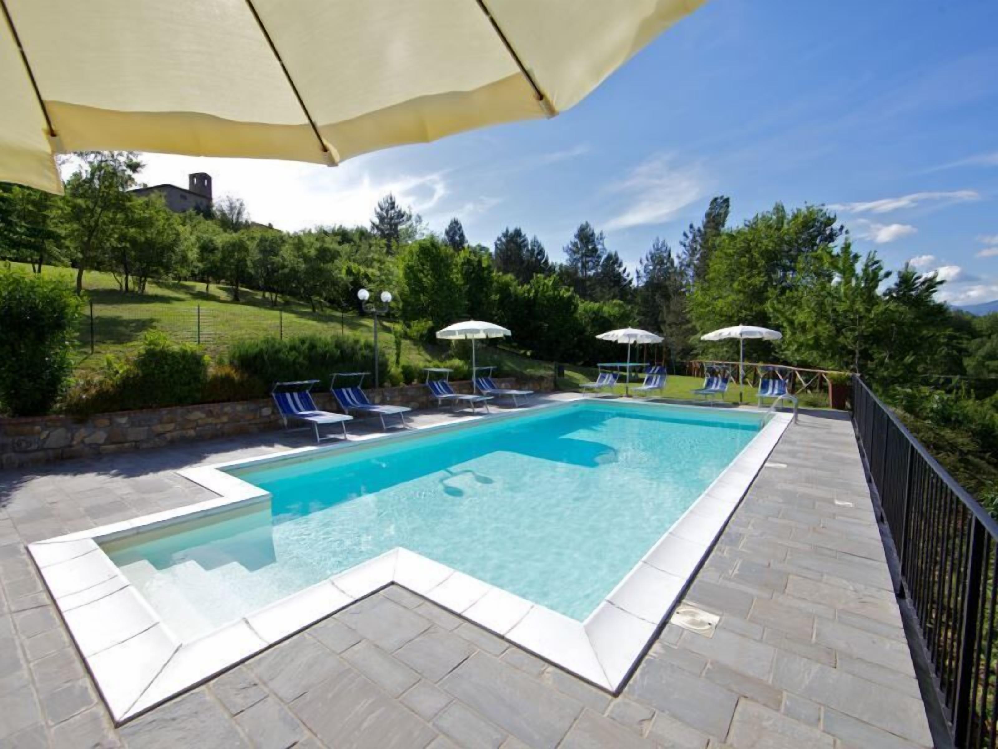 A rectangular swimming pool with a stone deck, surrounded by lounge chairs and umbrellas, set against a backdrop of trees and a hill.