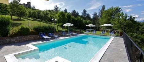 A rectangular swimming pool with a stone deck, surrounded by lounge chairs and umbrellas, set against a backdrop of trees and a hill.