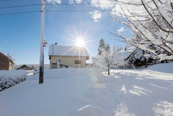 A residential area with a house, snow-covered trees, and a clear sky.