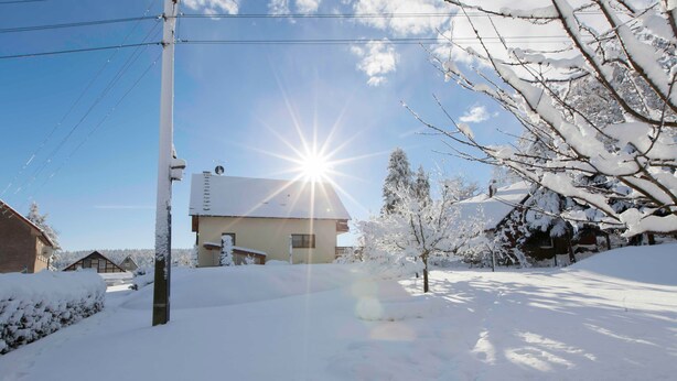 A residential area with a house, snow-covered trees, and a clear sky.