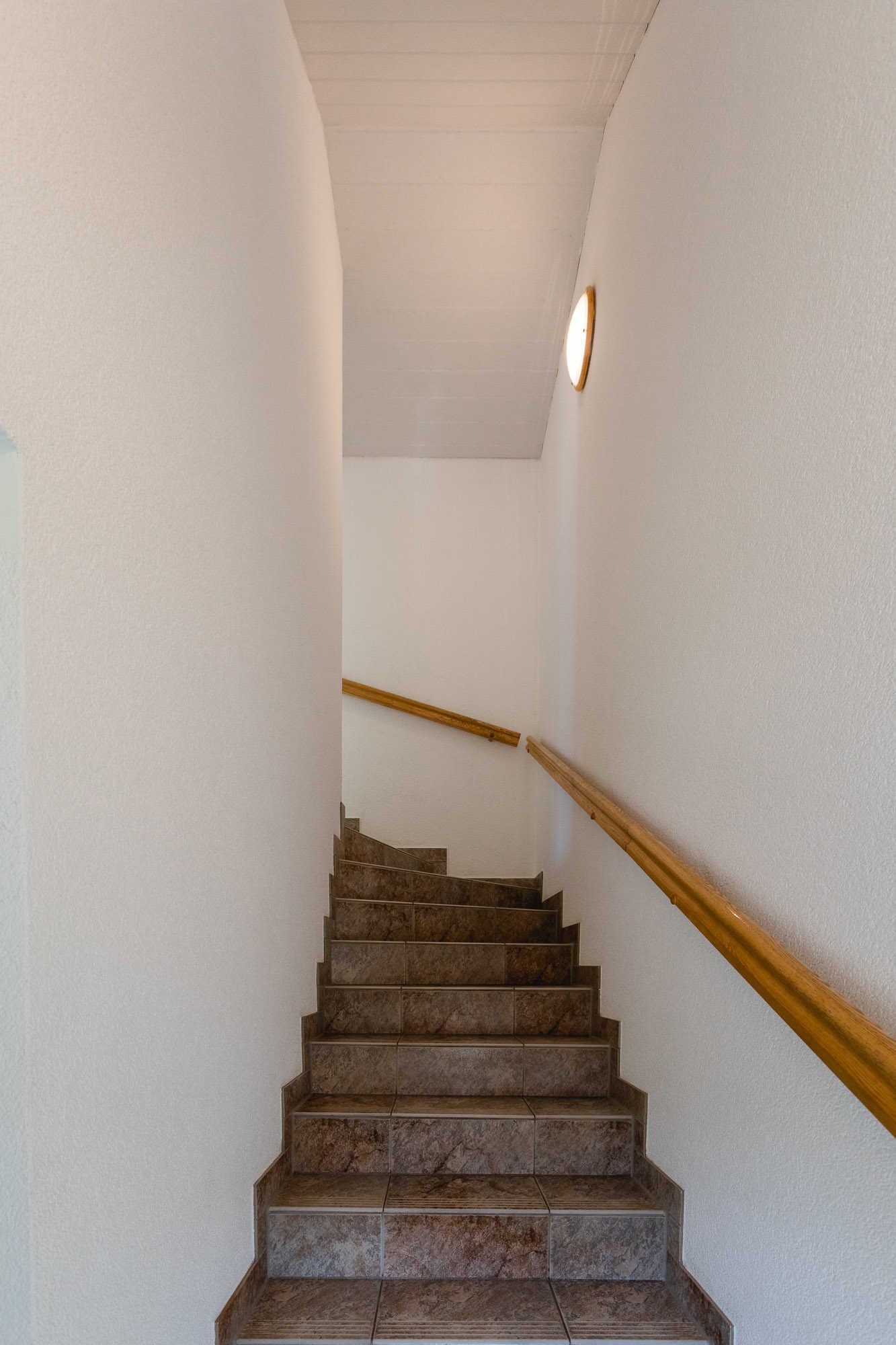 A staircase with a wooden handrail and stone steps.