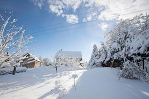 Paesaggio innevato con una casa, alberi e cielo sereno.