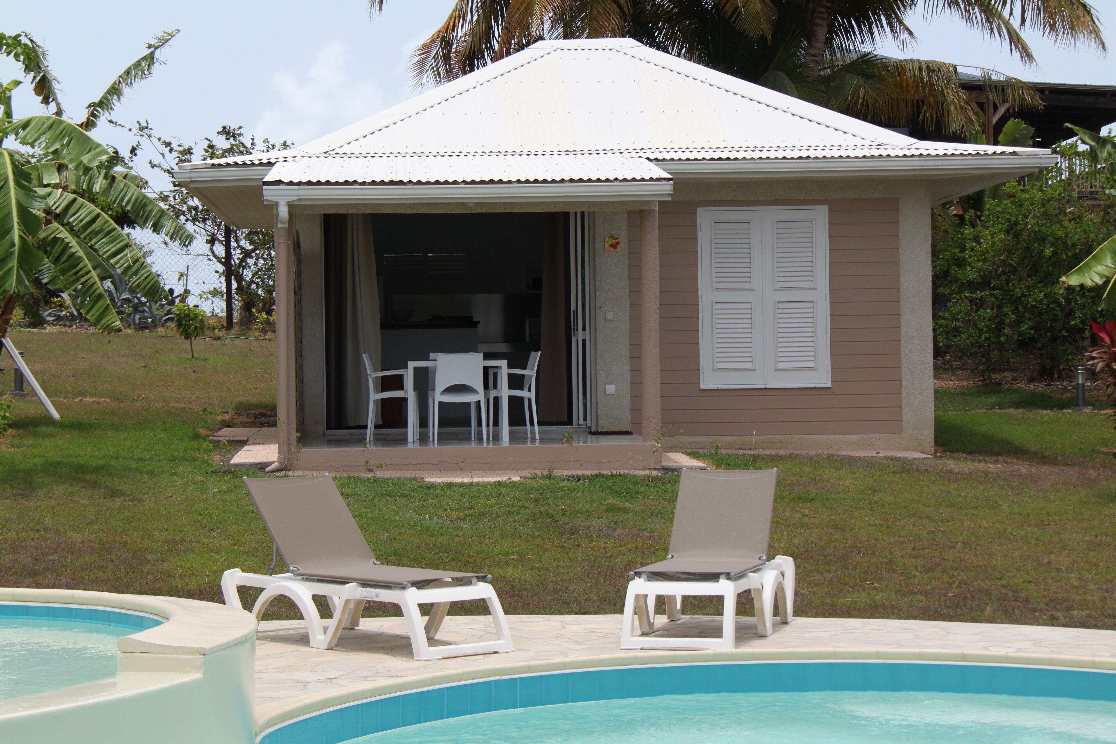 A small house with a pool and two lounge chairs.