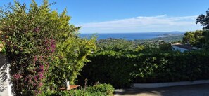 Un exuberante jardín con vistas al mar, un edificio blanco y un cielo despejado.