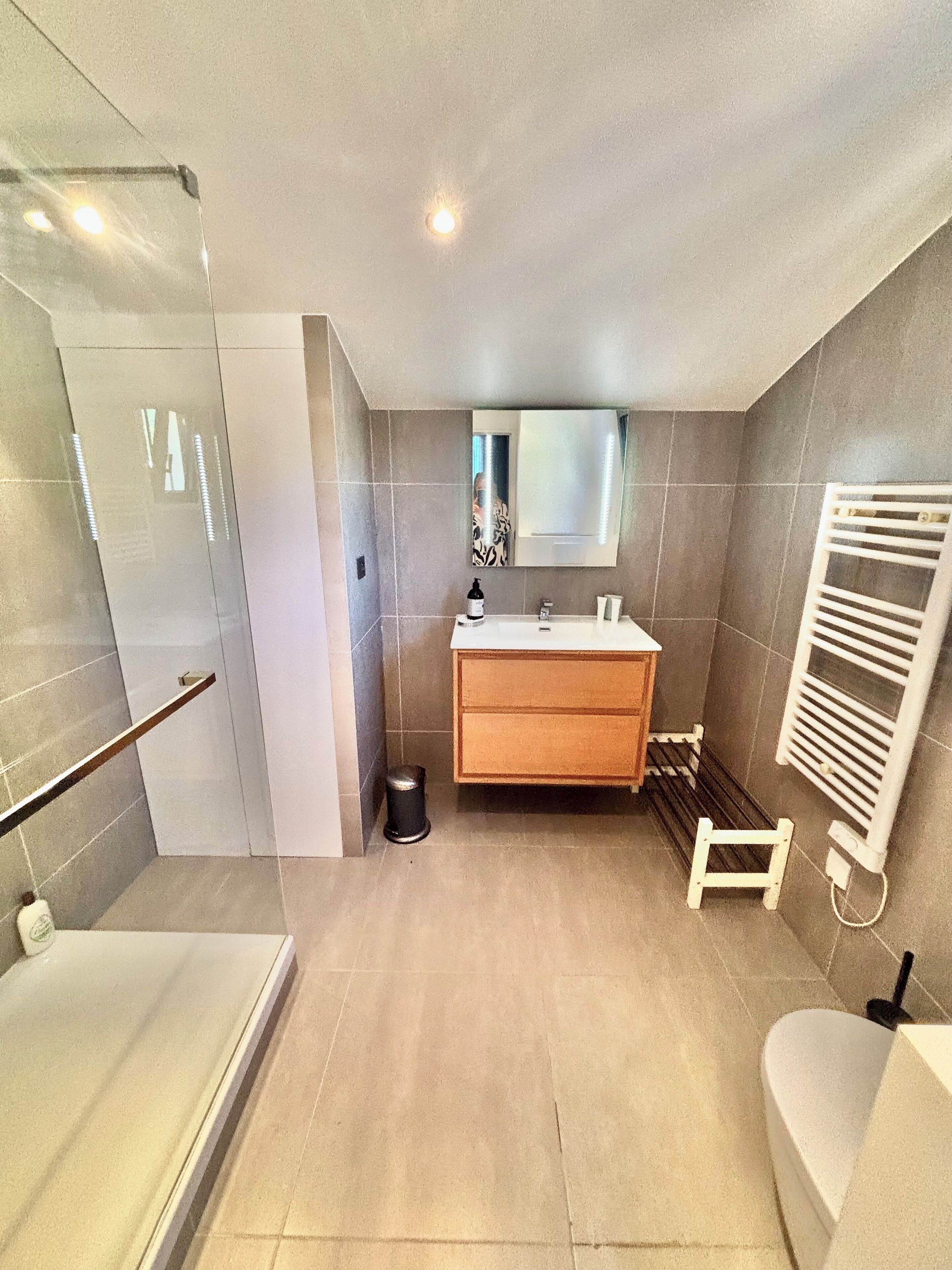 A modern bathroom with a shower, a sink, a mirror, and a towel rack.