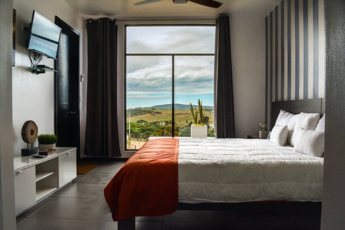 A bedroom with a bed, a TV, a desk, and a view of the outdoors.