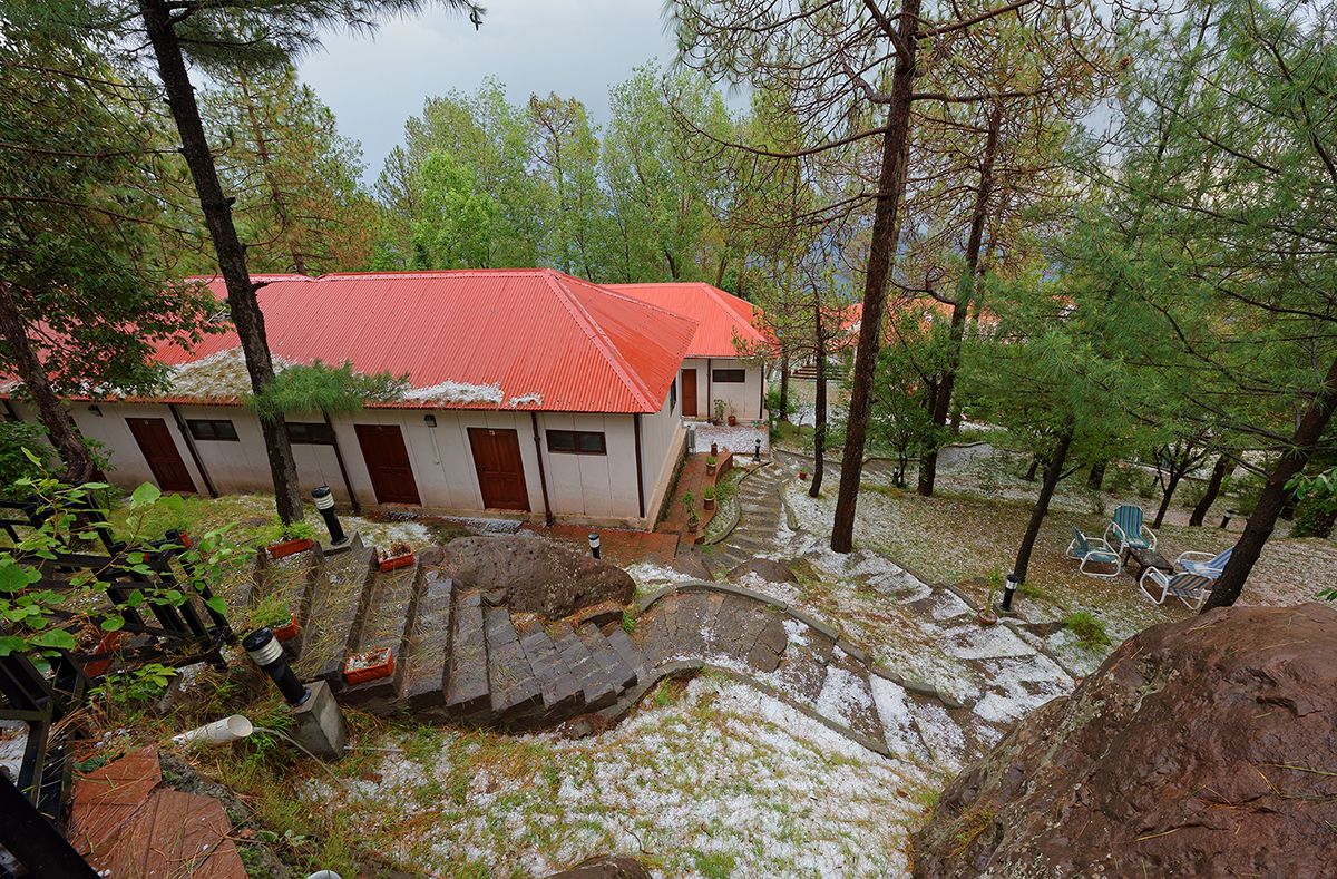 Un edificio de techo rojo, rodeado de árboles y un camino de piedra.