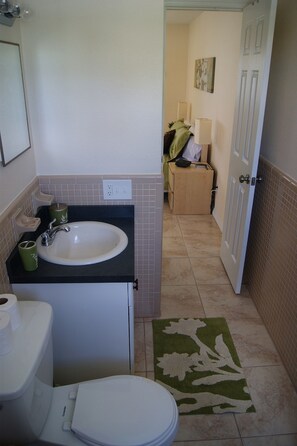 Combined shower/bathtub, hair dryer, towels, shampoo